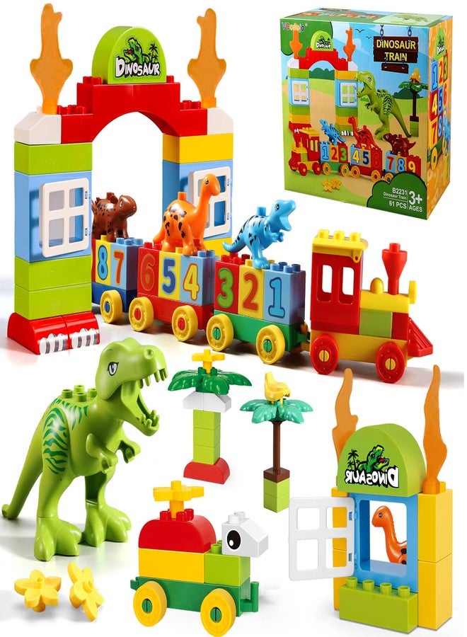 VConejo Dinosaur Building Blocks Toys,Jurassic Theme Building Blocks,With A Counting Train,A Big T-rex,and Three Dinosaurs,Compatible With All Major Brands, Gift For Kids Toddlers Boys Girls Age 3,4,5,6,7,8+ - Image 1